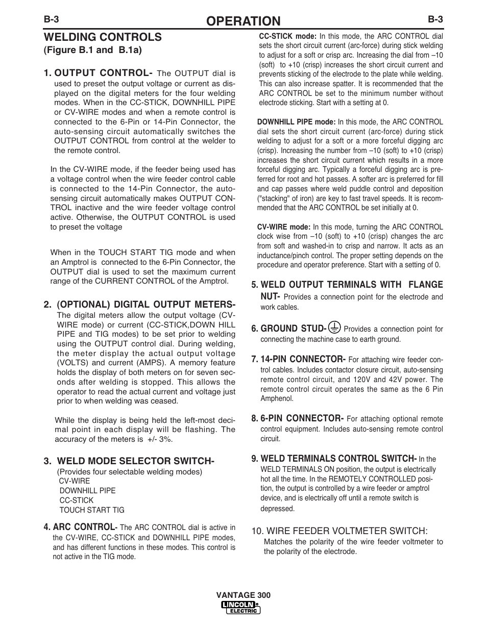 Operation, Welding controls | Lincoln Electric IM874 VANTAGE 300 User Manual | Page 21 / 57