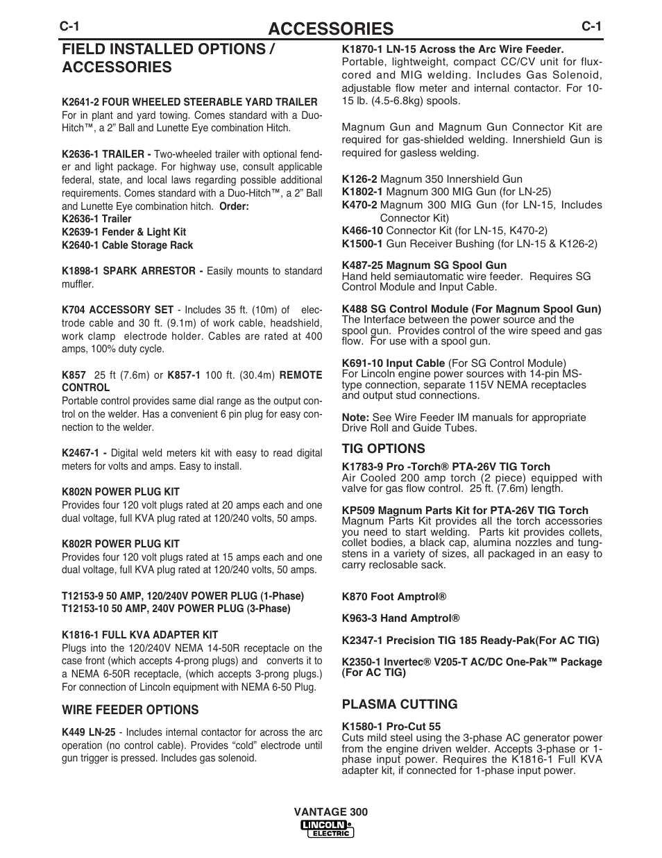 Accessories, Field installed options / accessories | Lincoln Electric IM874 VANTAGE 300 User Manual | Page 26 / 57