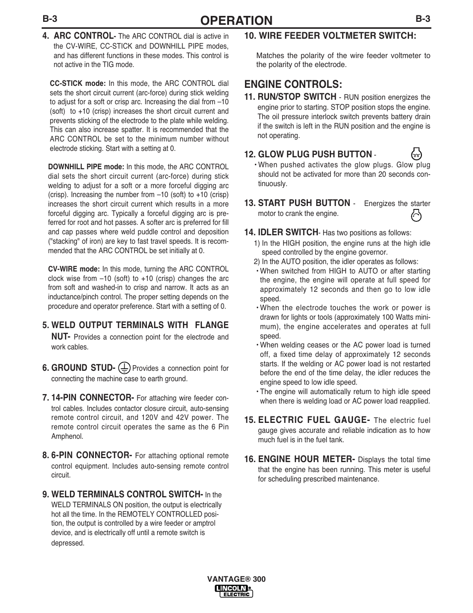 Operation, Engine controls | Lincoln Electric IM951 VANTAGE 300 User Manual | Page 21 / 52