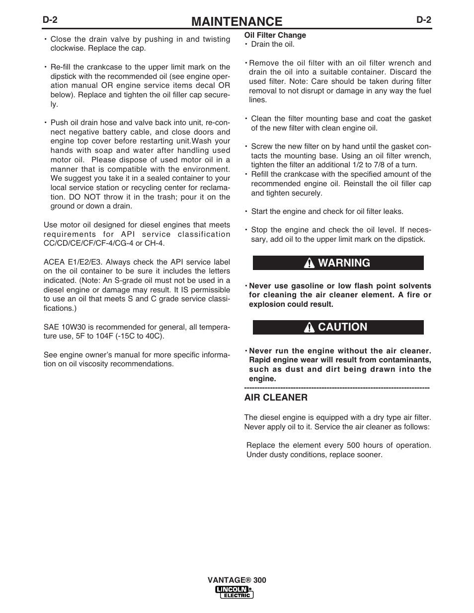 Maintenance, Caution warning | Lincoln Electric IM951 VANTAGE 300 User Manual | Page 28 / 52