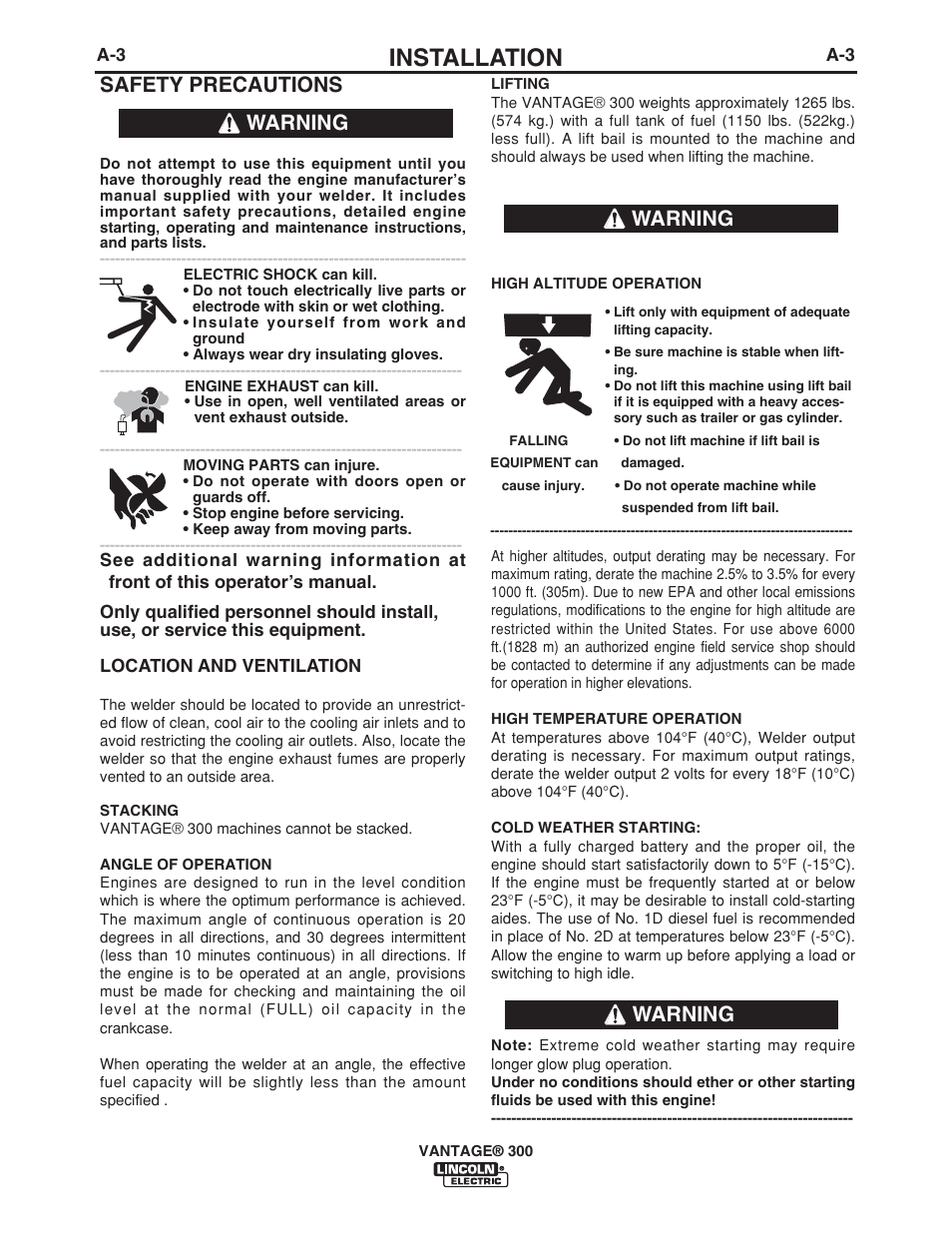 Installation, Warning, Safety precautions | Lincoln Electric IM976 VANTAGE 300 User Manual | Page 11 / 54