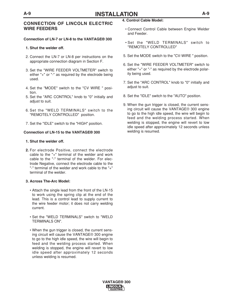 Installation | Lincoln Electric IM976 VANTAGE 300 User Manual | Page 17 / 54