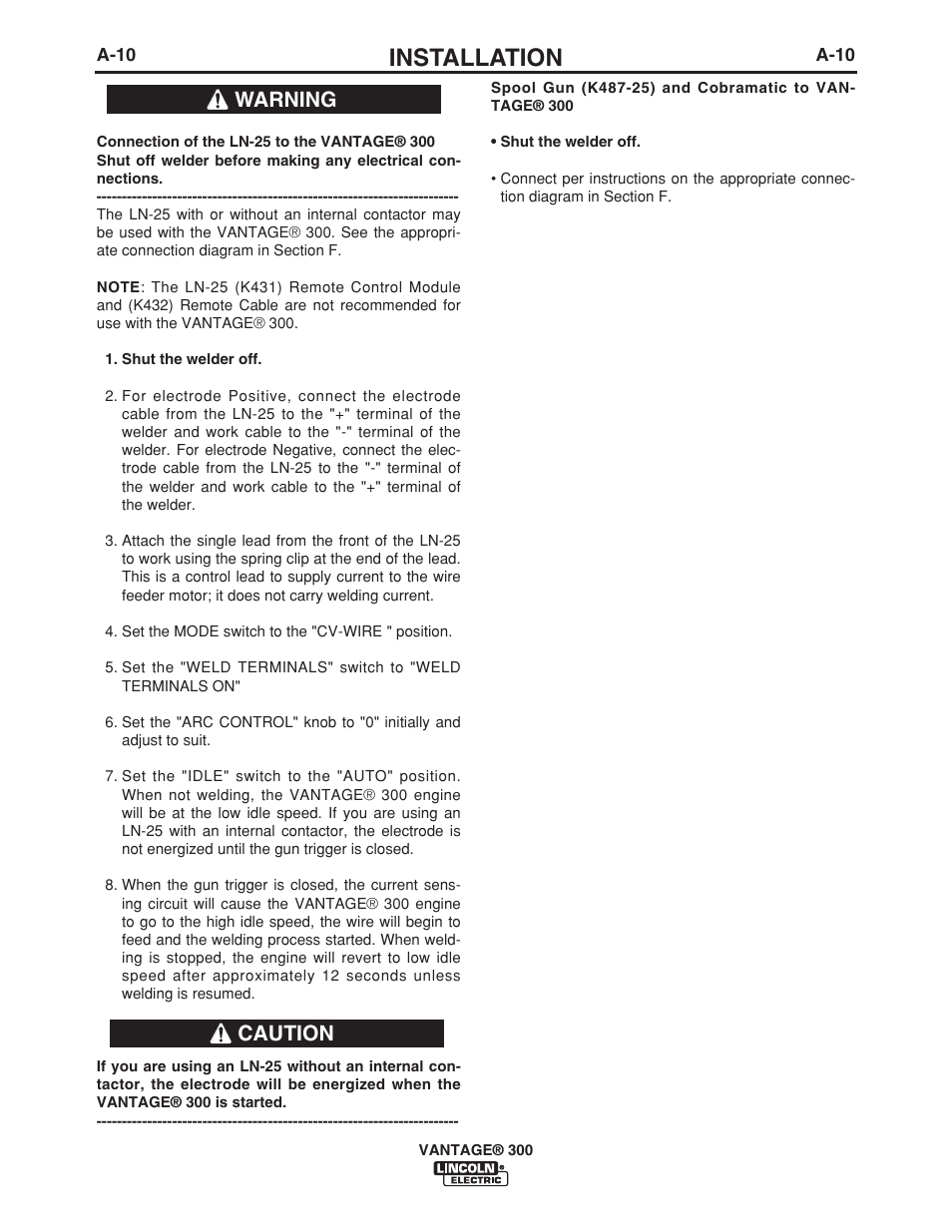 Installation, Warning caution | Lincoln Electric IM976 VANTAGE 300 User Manual | Page 18 / 54