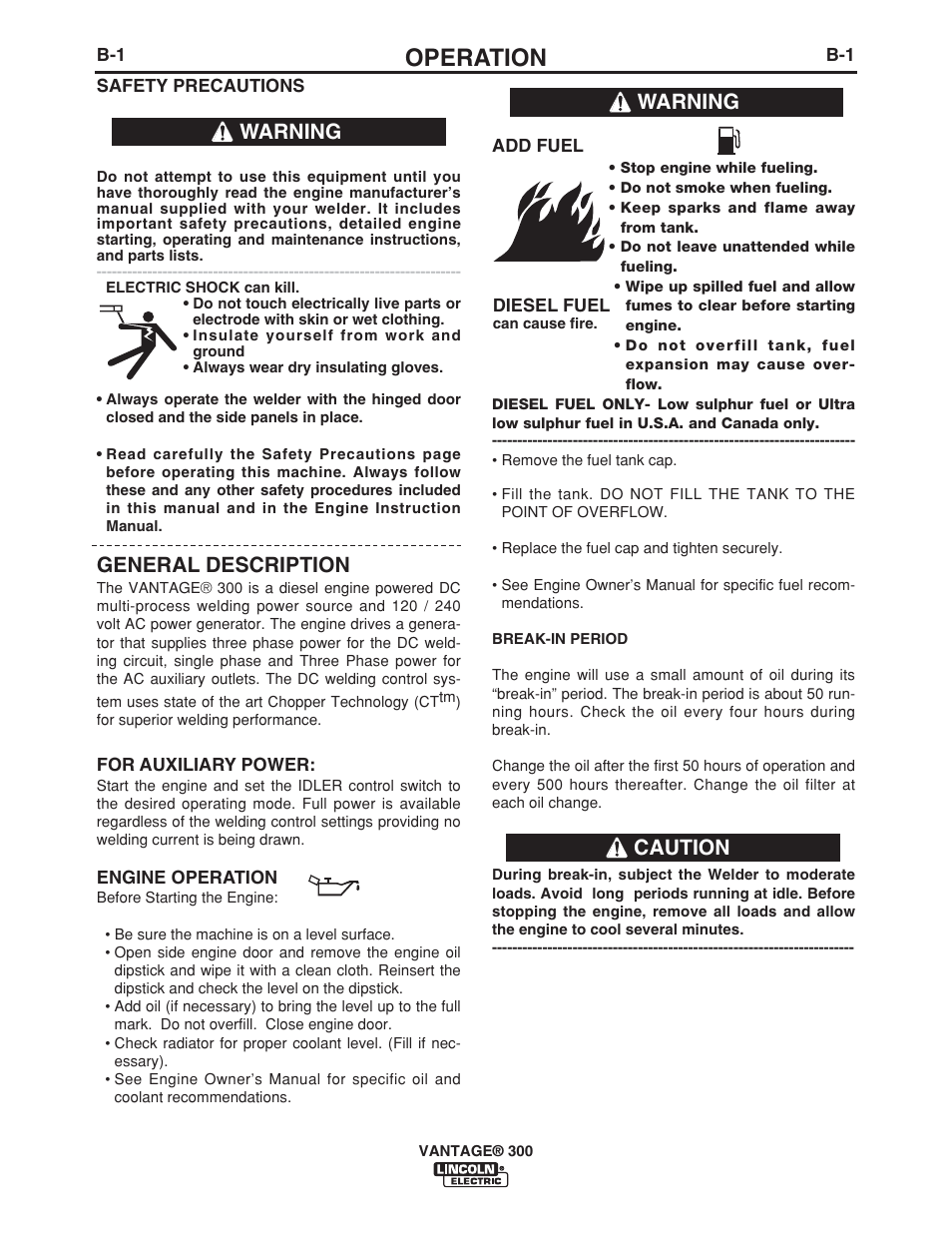 Operation, General description, Warning | Warning caution | Lincoln Electric IM976 VANTAGE 300 User Manual | Page 19 / 54