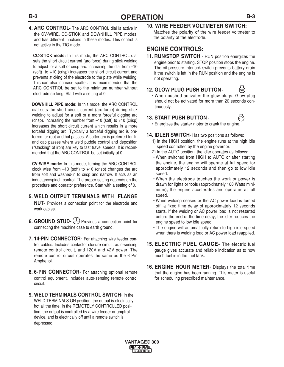 Operation, Engine controls | Lincoln Electric IM976 VANTAGE 300 User Manual | Page 21 / 54