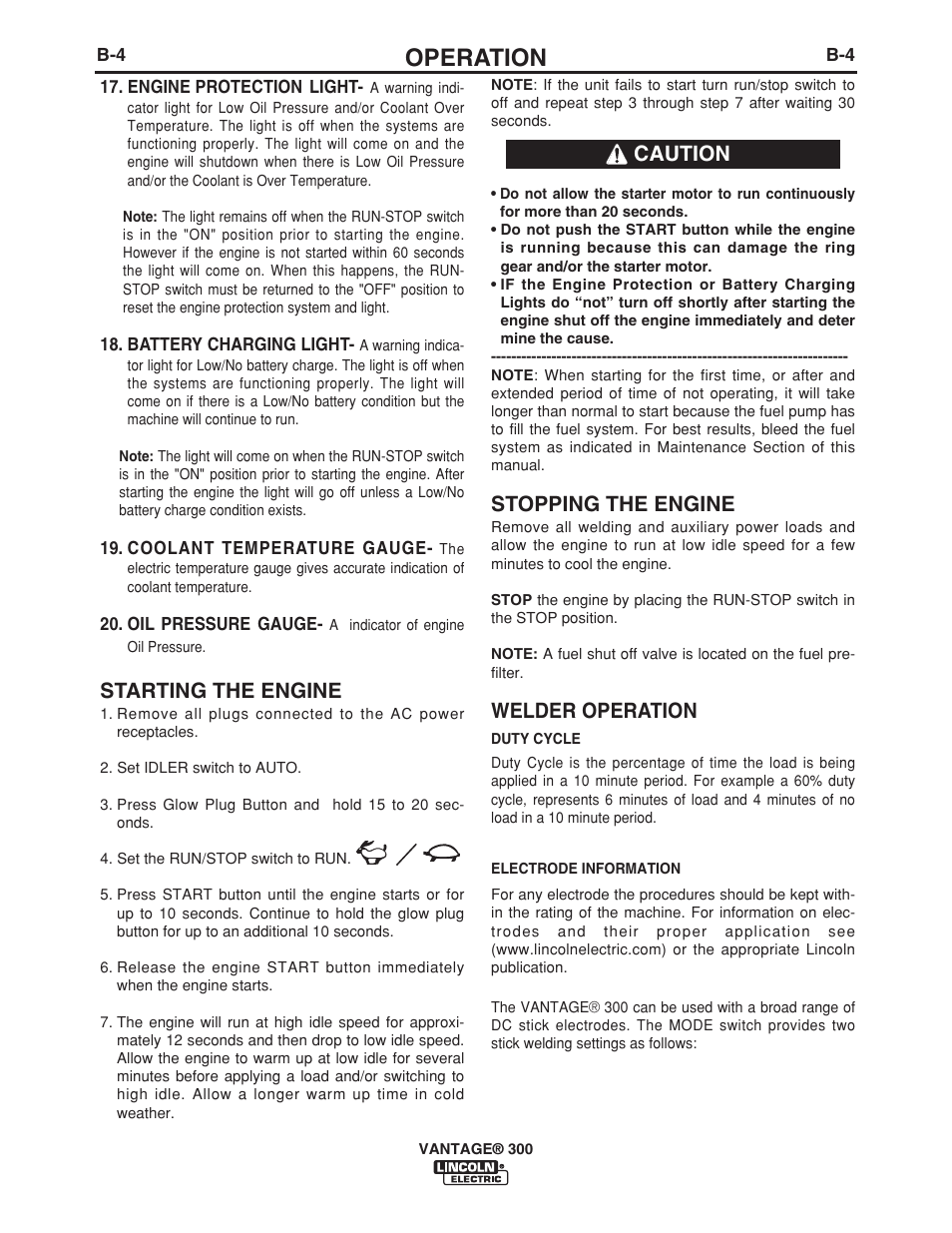 Operation, Stopping the engine, Welder operation | Caution, Starting the engine | Lincoln Electric IM976 VANTAGE 300 User Manual | Page 22 / 54