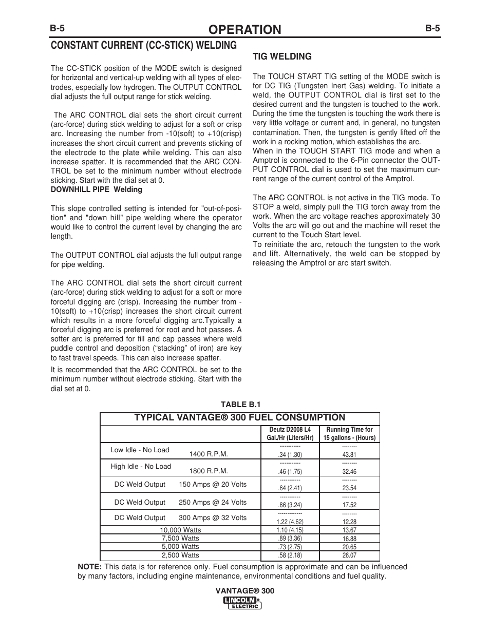 Operation, Constant current (cc-stick) welding, B-5 tig welding | Typical vantage® 300 fuel consumption | Lincoln Electric IM976 VANTAGE 300 User Manual | Page 23 / 54