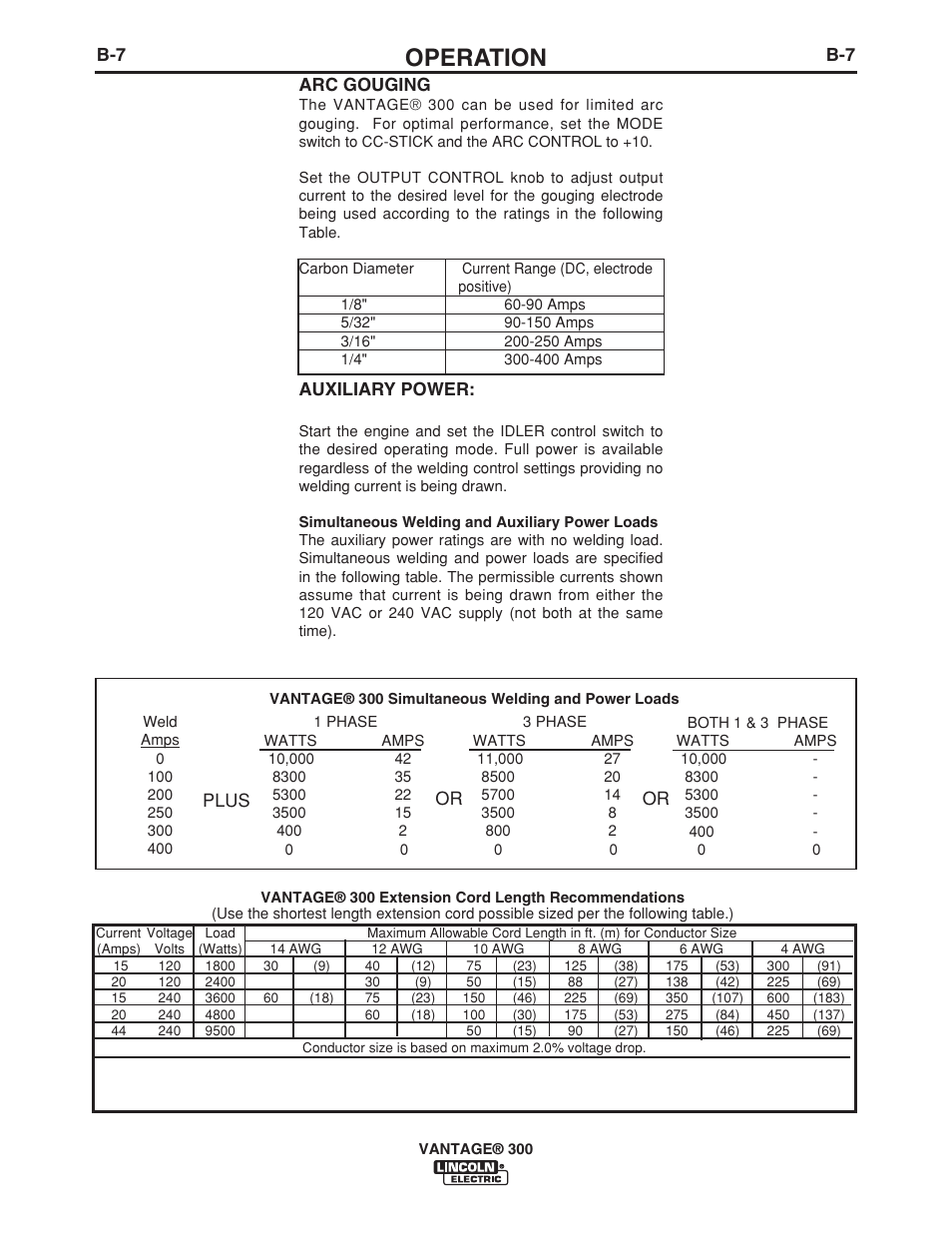 Operation, Auxiliary power, Plus or or | B-7 arc gouging | Lincoln Electric IM976 VANTAGE 300 User Manual | Page 25 / 54