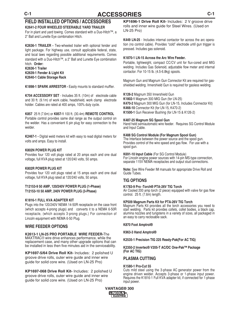 Accessories, Field installed options / accessories | Lincoln Electric IM976 VANTAGE 300 User Manual | Page 26 / 54