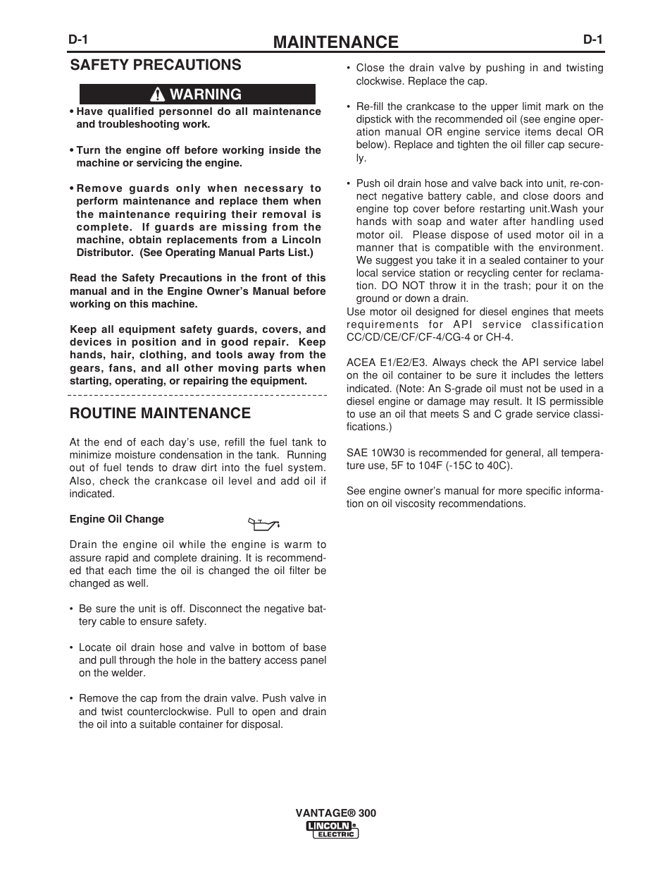 Maintenance, Safety precautions, Warning routine maintenance | Lincoln Electric IM976 VANTAGE 300 User Manual | Page 27 / 54