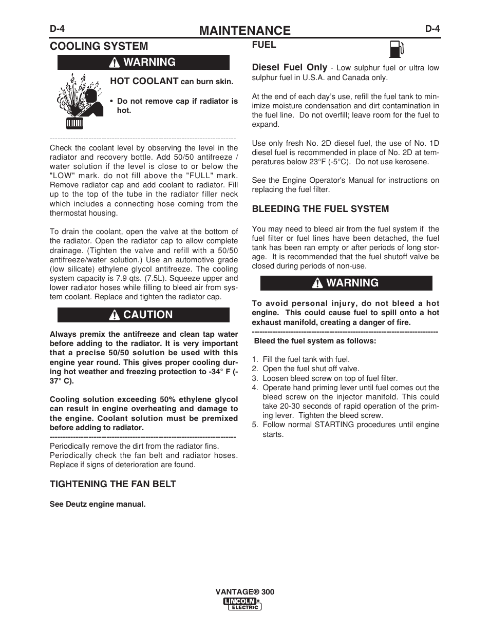 Maintenance, Cooling system, Warning caution warning | Lincoln Electric IM976 VANTAGE 300 User Manual | Page 30 / 54