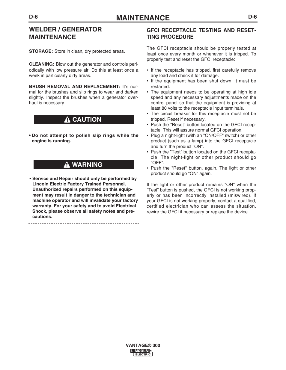 Maintenance, Welder / generator maintenance, Warning | Caution | Lincoln Electric IM976 VANTAGE 300 User Manual | Page 32 / 54