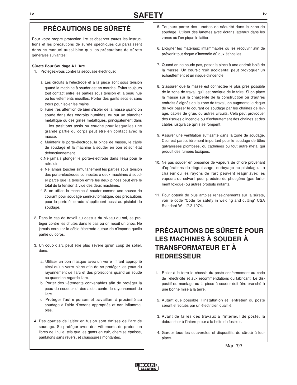 Safety, Précautions de sûreté | Lincoln Electric IM976 VANTAGE 300 User Manual | Page 5 / 54