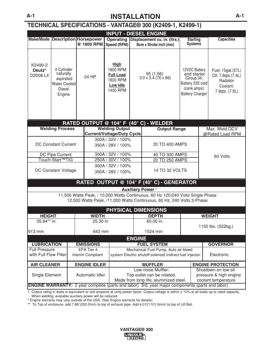 Installation | Lincoln Electric IM976 VANTAGE 300 User Manual | Page 9 / 54