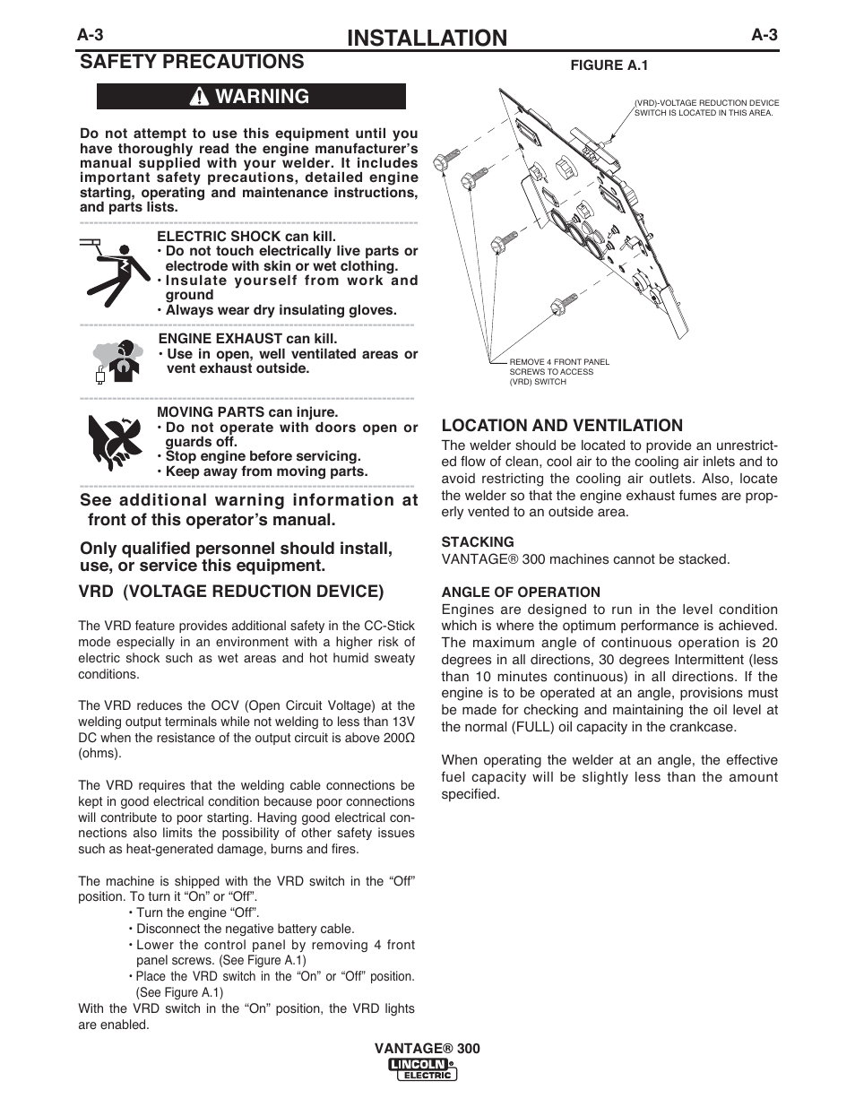 Installation, Safety precautions, Warning | Lincoln Electric IM992 VANTAGE 300 User Manual | Page 11 / 54