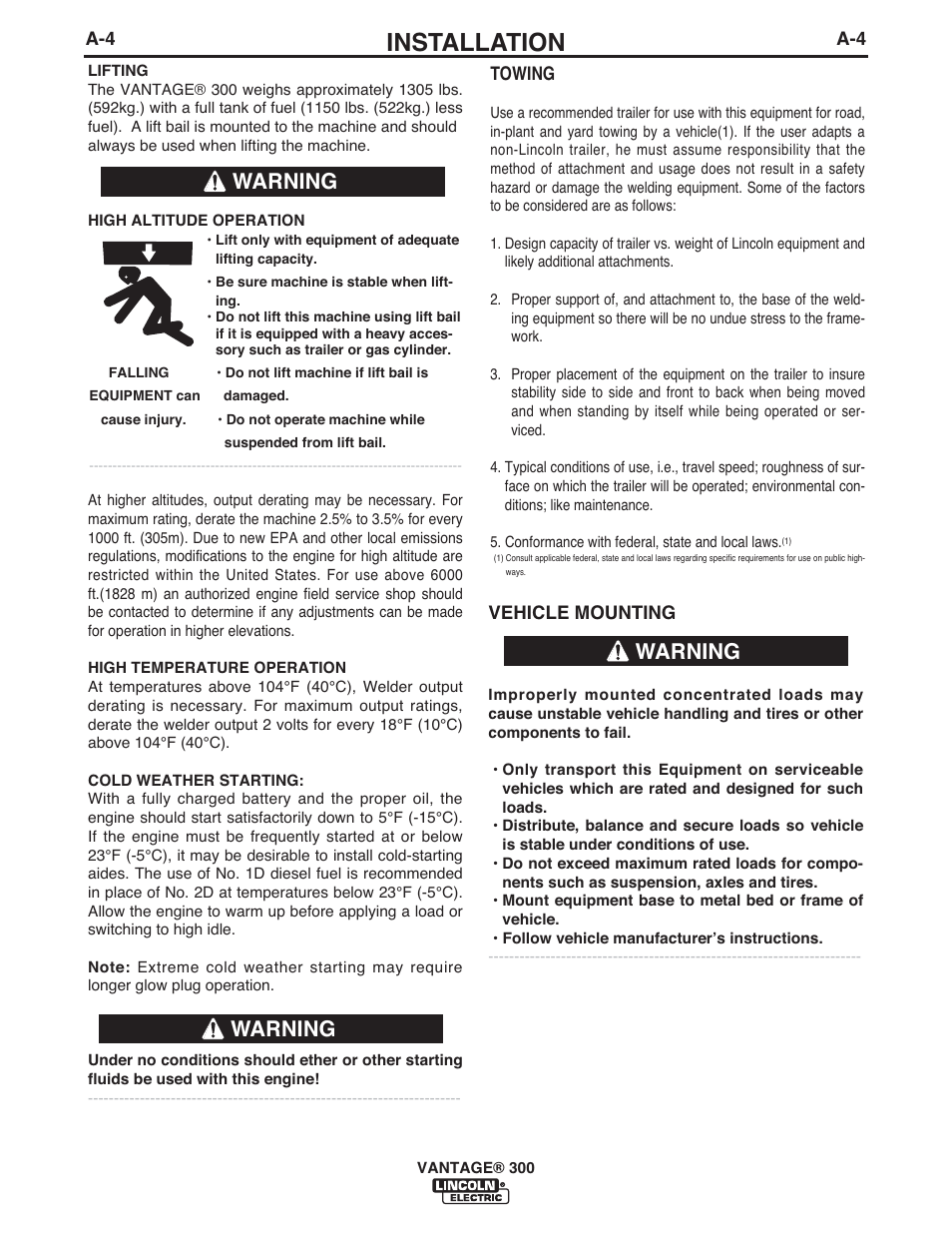 Installation, Warning | Lincoln Electric IM992 VANTAGE 300 User Manual | Page 12 / 54