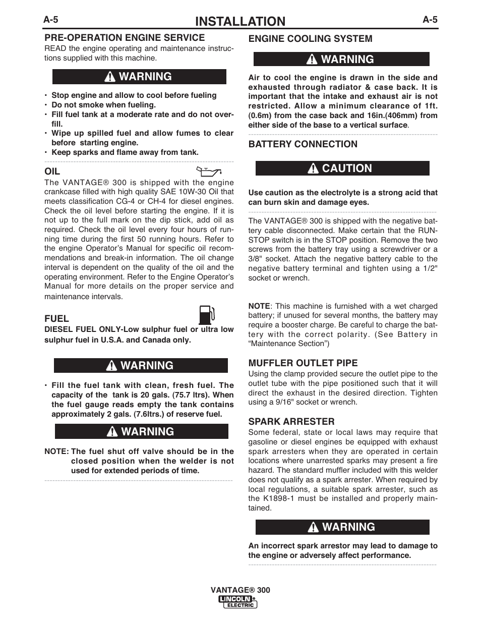 Installation, Warning, Caution warning warning | Lincoln Electric IM992 VANTAGE 300 User Manual | Page 13 / 54