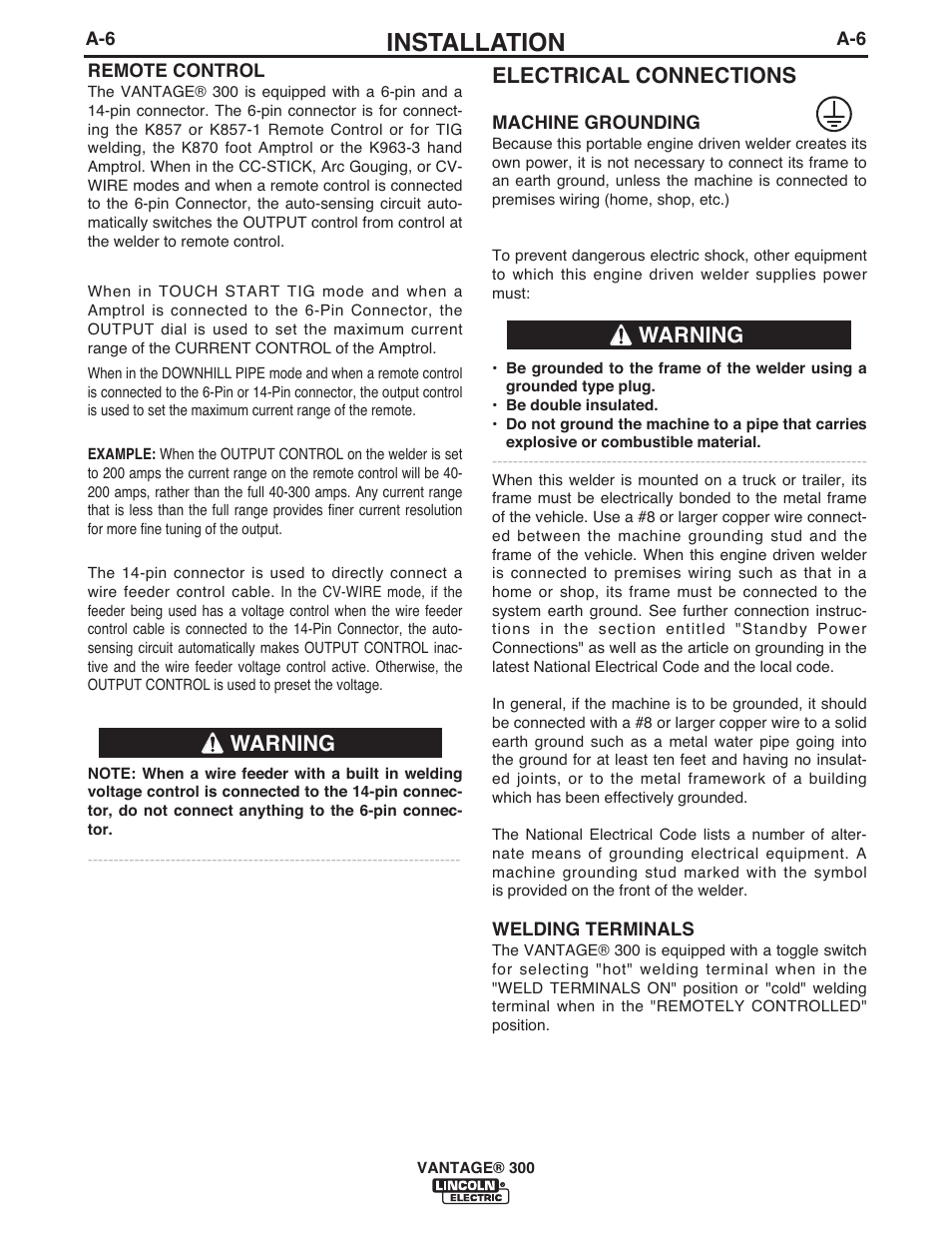 Installation, Electrical connections, Warning | Lincoln Electric IM992 VANTAGE 300 User Manual | Page 14 / 54