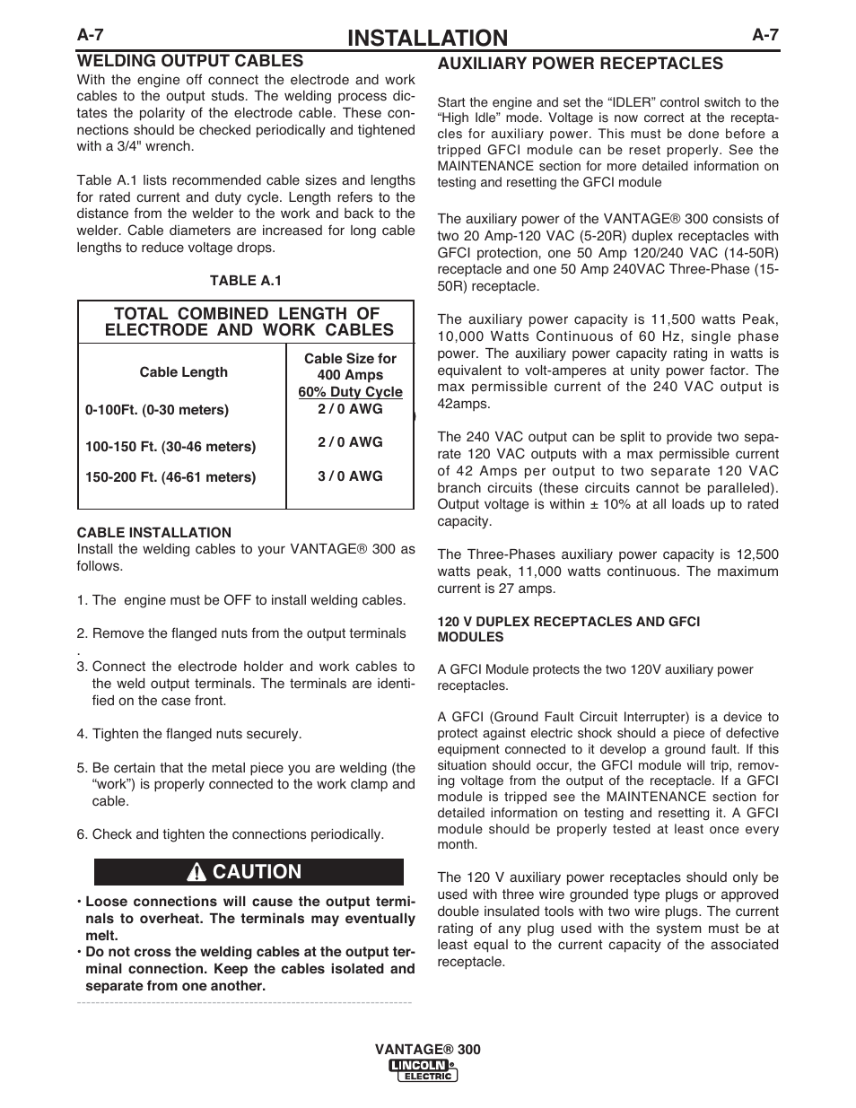 Installation, Caution | Lincoln Electric IM992 VANTAGE 300 User Manual | Page 15 / 54