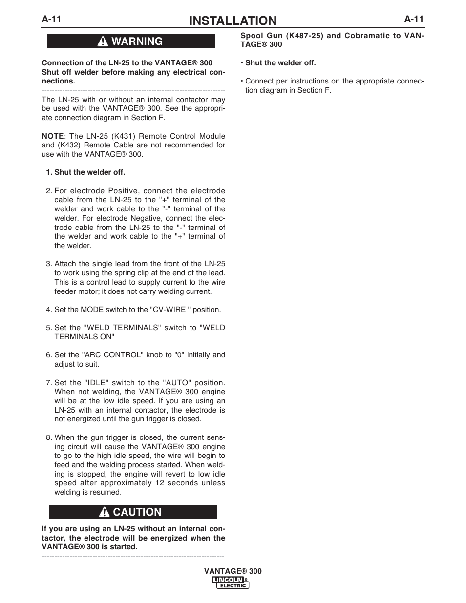 Installation, Warning caution | Lincoln Electric IM992 VANTAGE 300 User Manual | Page 19 / 54