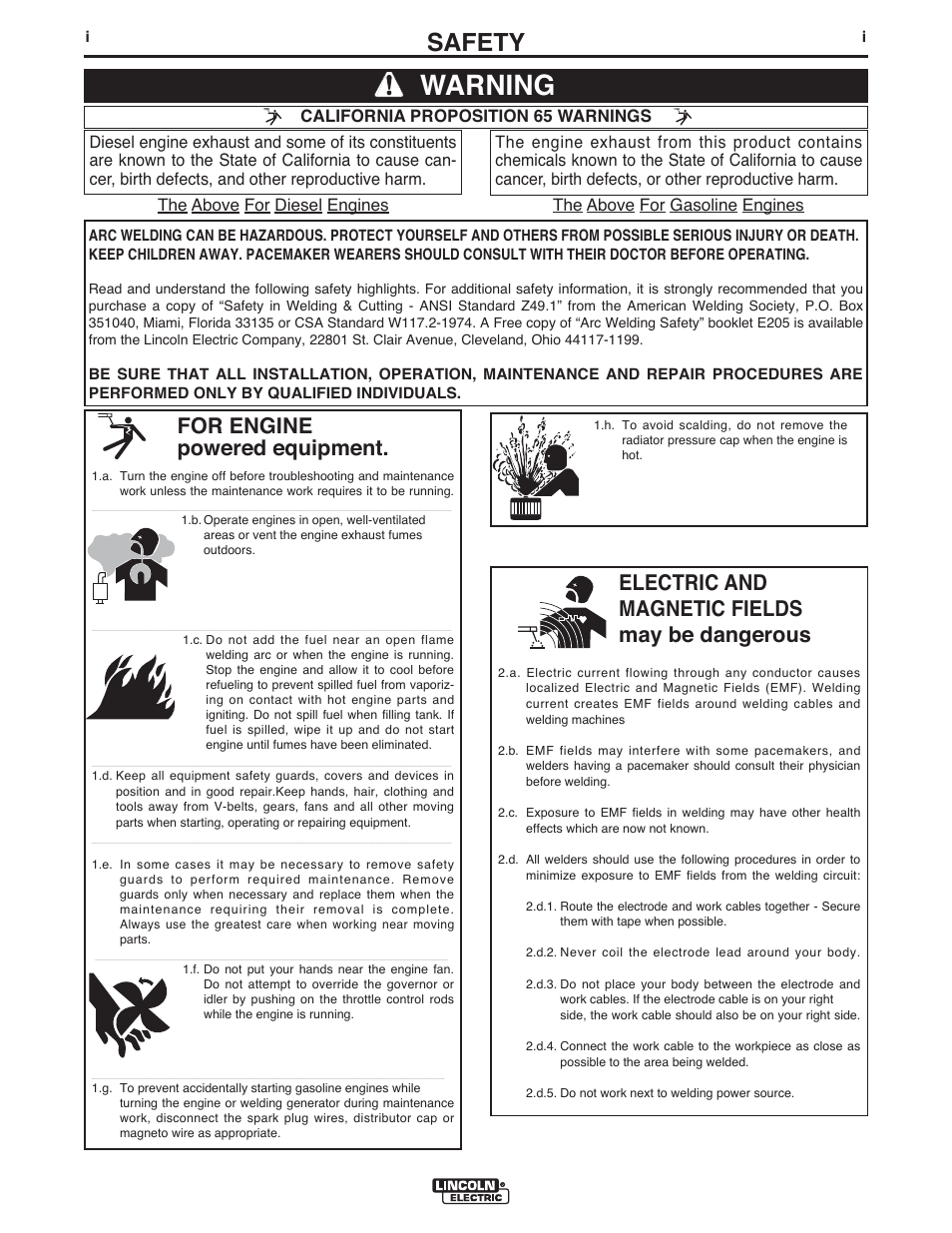 Warning, Safety, For engine powered equipment | Electric and magnetic fields may be dangerous | Lincoln Electric IM992 VANTAGE 300 User Manual | Page 2 / 54