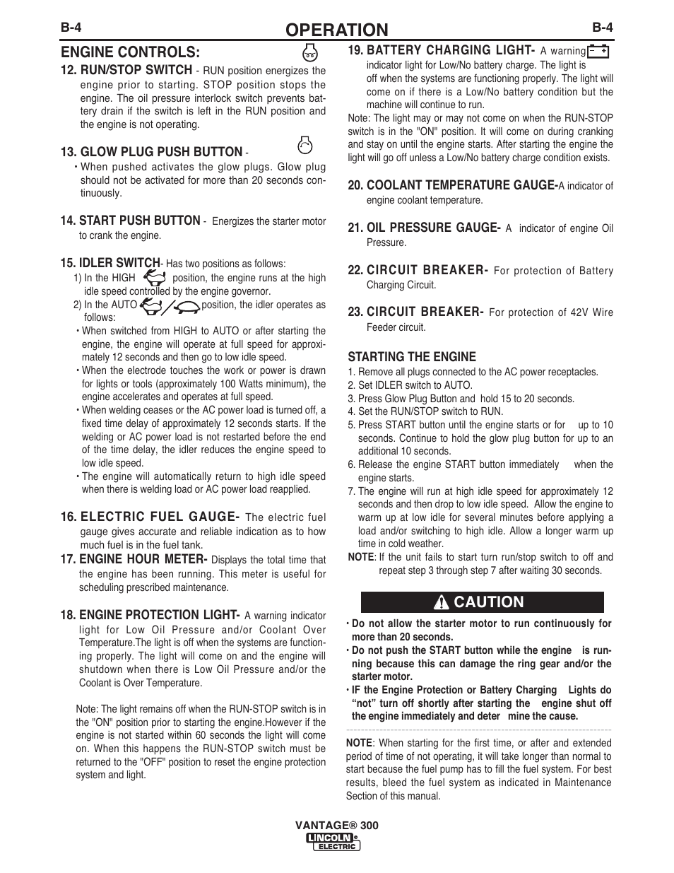 Operation, Caution engine controls | Lincoln Electric IM992 VANTAGE 300 User Manual | Page 23 / 54