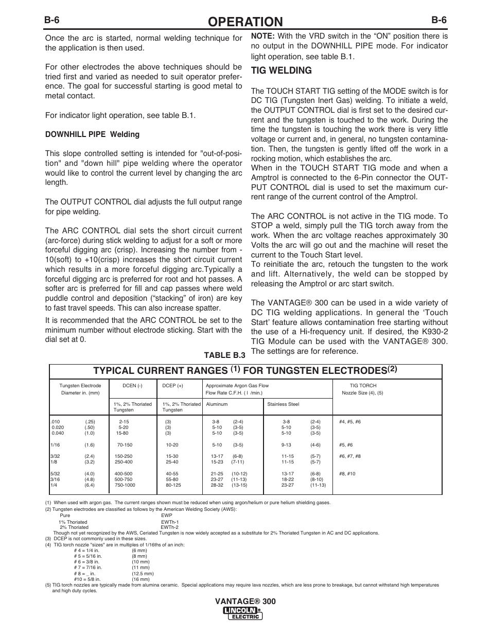 Operation, Tig welding, Typical current ranges | For tungsten electrodes | Lincoln Electric IM992 VANTAGE 300 User Manual | Page 25 / 54