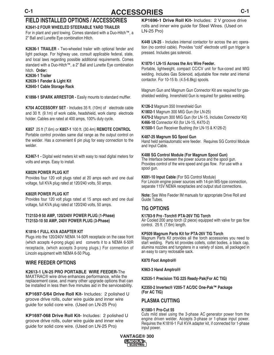 Accessories, Field installed options / accessories | Lincoln Electric IM992 VANTAGE 300 User Manual | Page 27 / 54