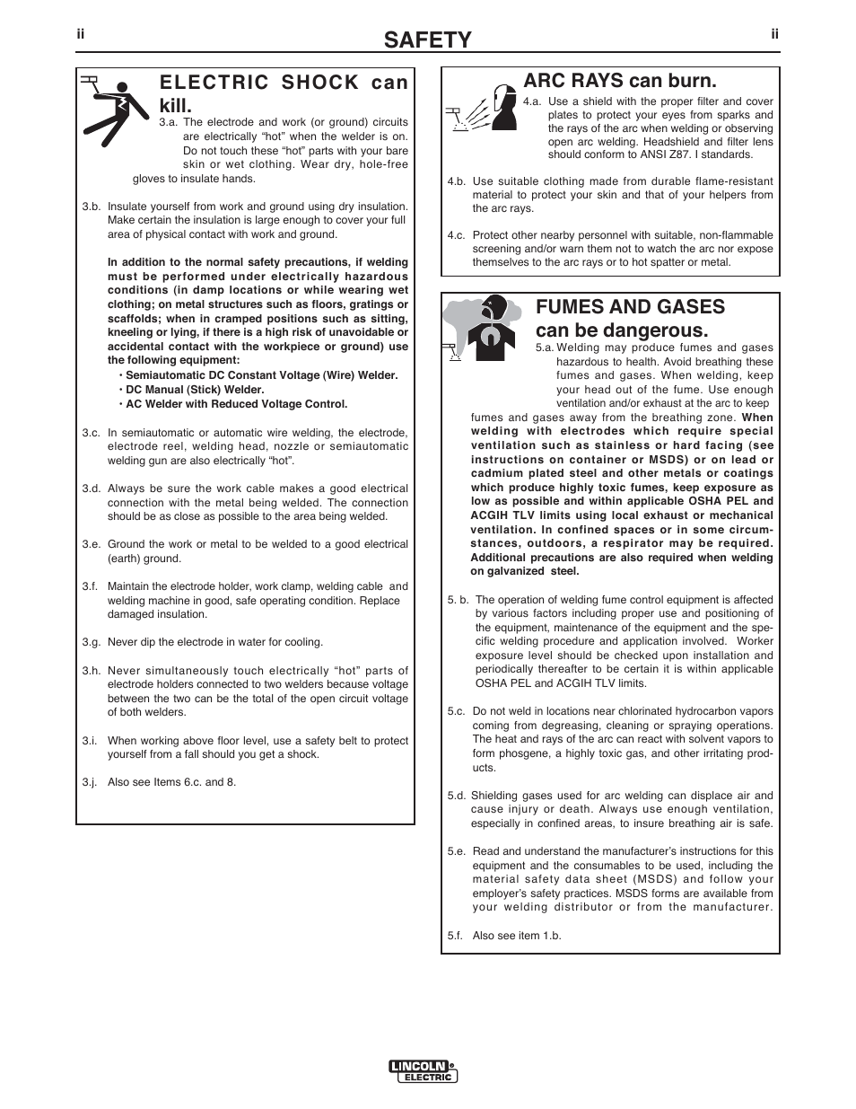 Safety, Arc rays can burn, Electric shock can kill | Fumes and gases can be dangerous | Lincoln Electric IM992 VANTAGE 300 User Manual | Page 3 / 54