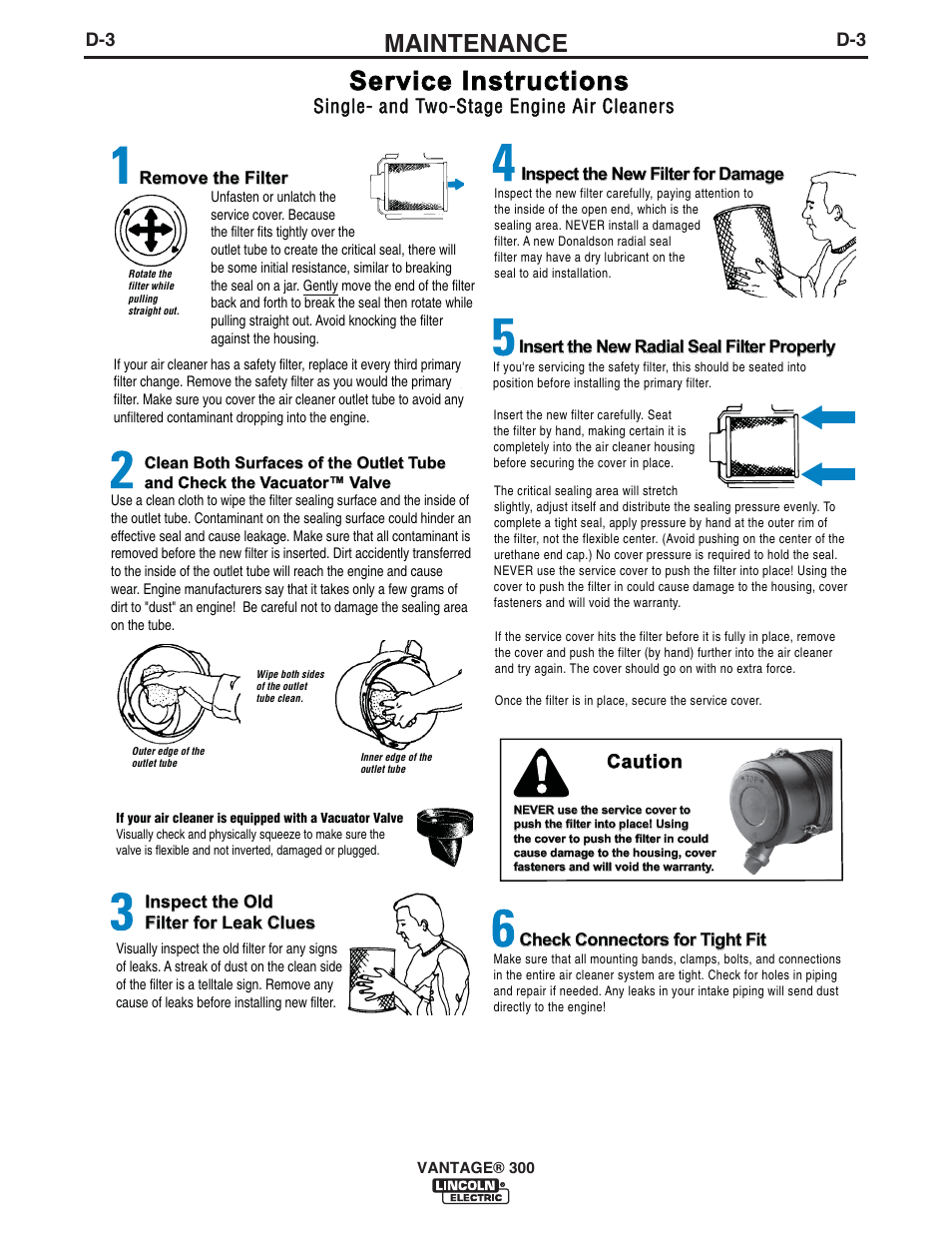 Service instructions, Maintenance, Caution | Single- and two-stage engine air cleaners | Lincoln Electric IM992 VANTAGE 300 User Manual | Page 30 / 54