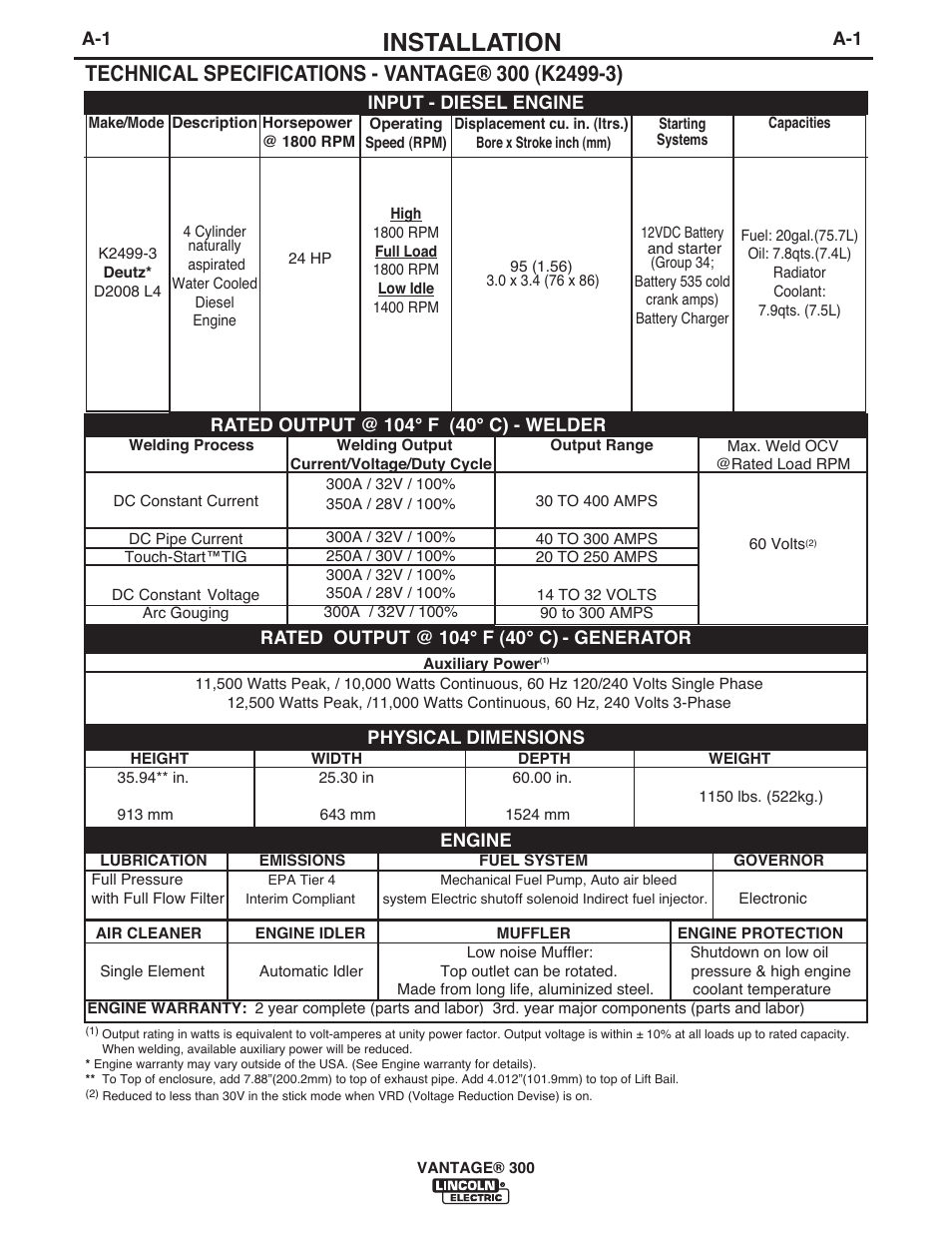 Installation | Lincoln Electric IM992 VANTAGE 300 User Manual | Page 9 / 54