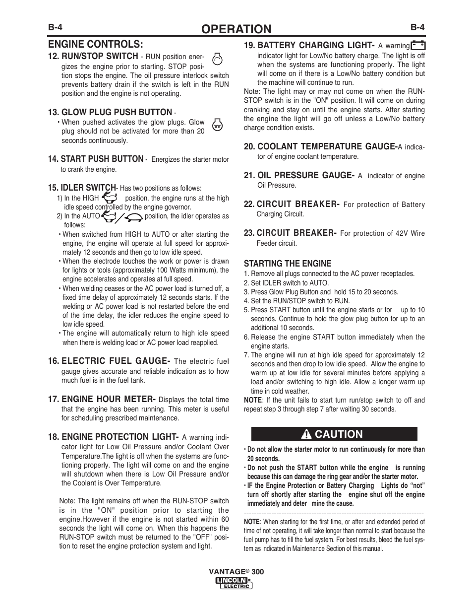 Operation, Caution engine controls | Lincoln Electric IM993 VANTAGE 300 User Manual | Page 23 / 54