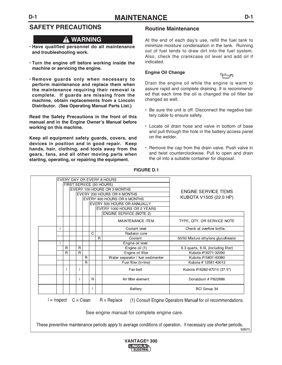 Maintenance, Safety precautions, Warning | Lincoln Electric IM993 VANTAGE 300 User Manual | Page 28 / 54