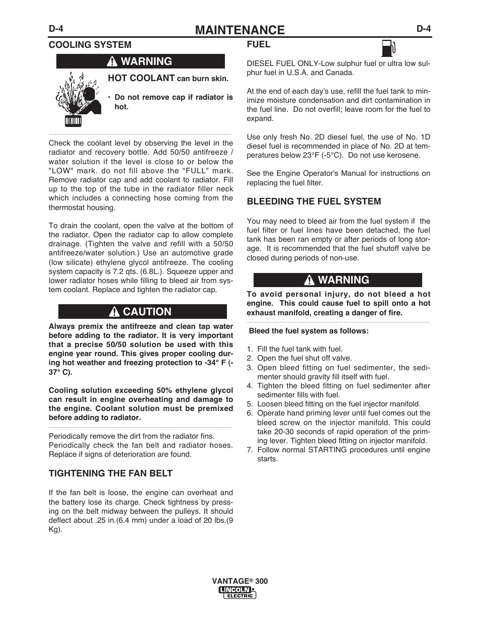 Maintenance, Warning caution warning | Lincoln Electric IM993 VANTAGE 300 User Manual | Page 31 / 54