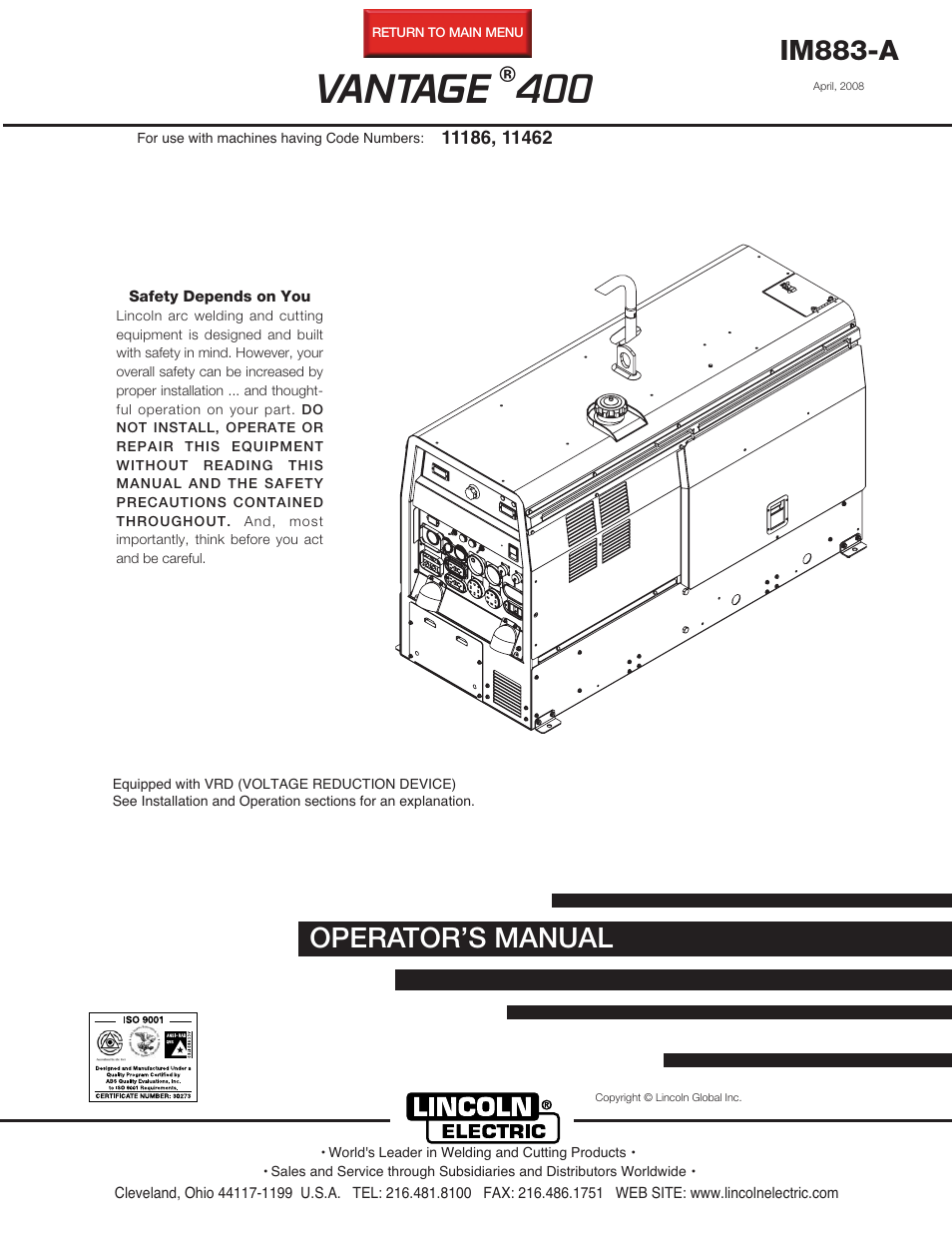 Lincoln Electric IM883 VANTAGE 400 User Manual | 51 pages