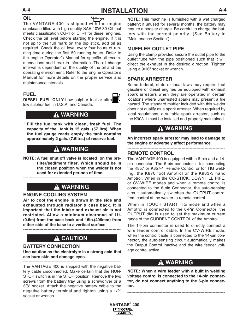 Installation, Warning, Warning caution warning warning warning | Lincoln Electric IM883 VANTAGE 400 User Manual | Page 12 / 51