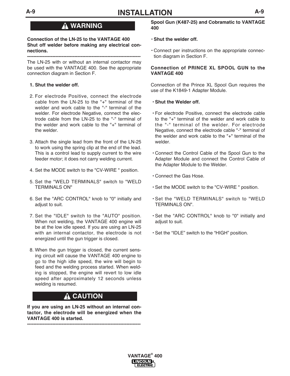 Installation, Warning caution | Lincoln Electric IM883 VANTAGE 400 User Manual | Page 17 / 51