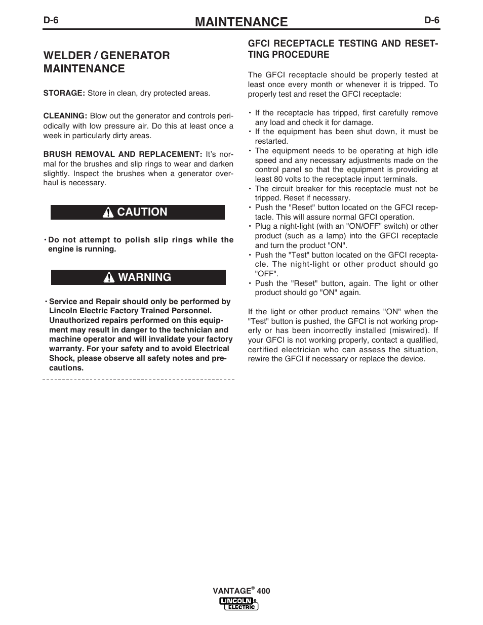 Maintenance, Welder / generator maintenance, Warning | Caution | Lincoln Electric IM883 VANTAGE 400 User Manual | Page 31 / 51