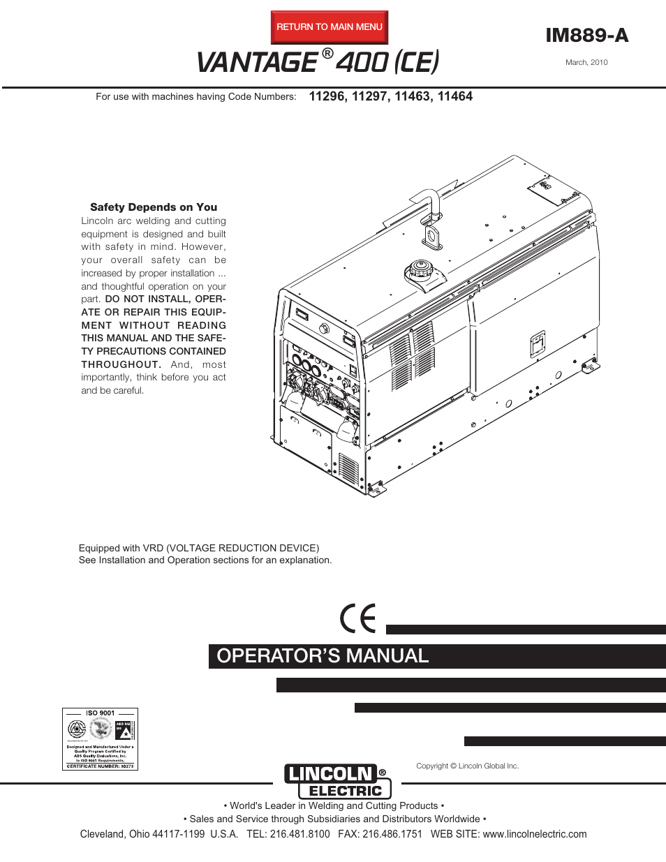 Lincoln Electric IM889 VANTAGE 400 (CE) User Manual | 49 pages