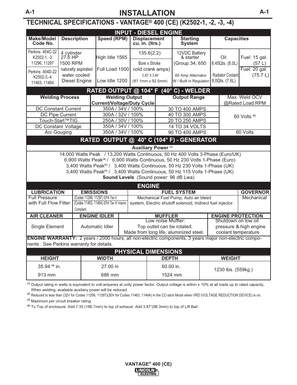 Installation, Technical specifications - vantage, Generator | Physical dimensions | Lincoln Electric IM889 VANTAGE 400 (CE) User Manual | Page 11 / 49