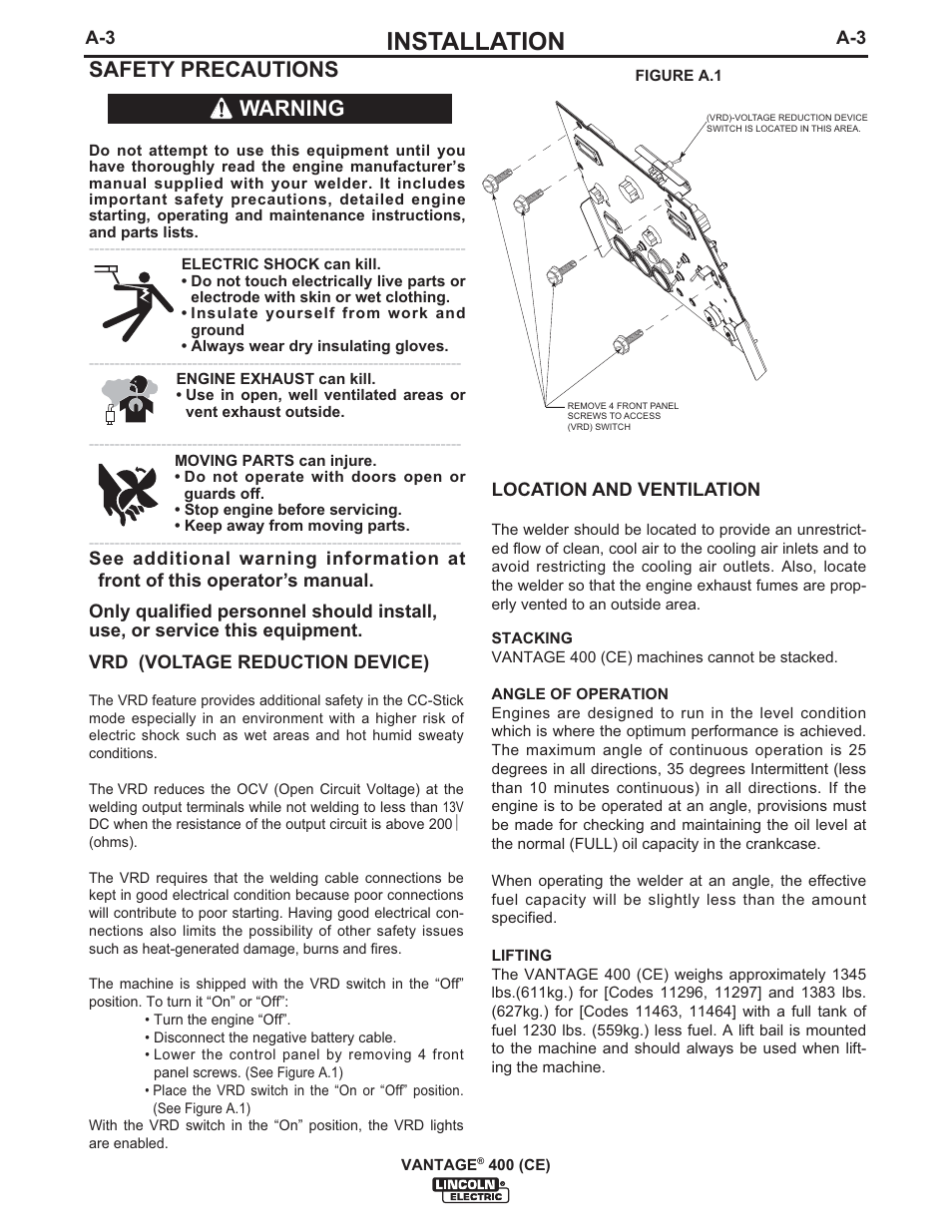 Installation, Safety precautions, Warning | Lincoln Electric IM889 VANTAGE 400 (CE) User Manual | Page 13 / 49