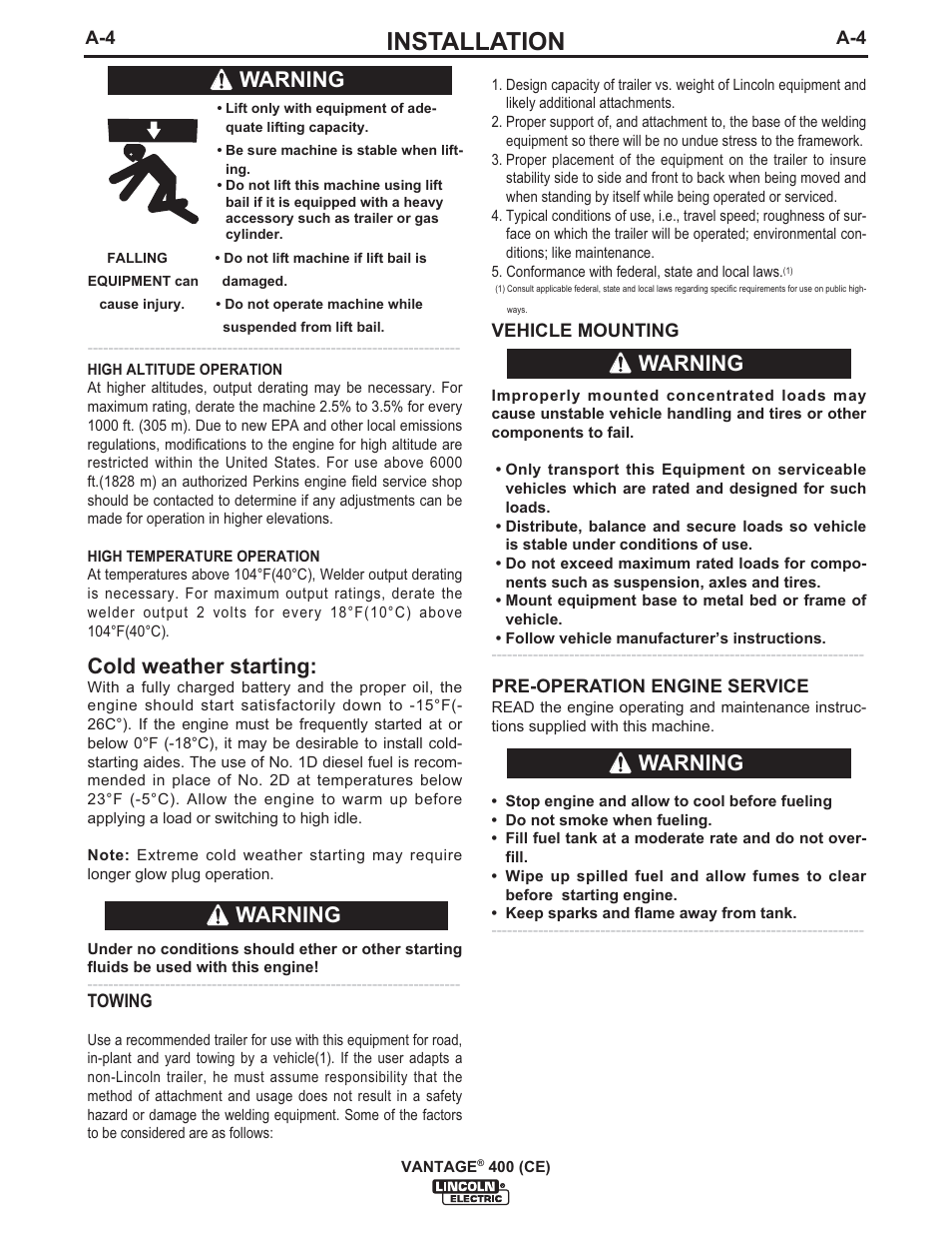 Installation, Cold weather starting, Warning | Lincoln Electric IM889 VANTAGE 400 (CE) User Manual | Page 14 / 49