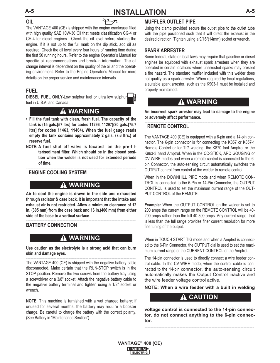 Installation, Warning, Warning caution | Lincoln Electric IM889 VANTAGE 400 (CE) User Manual | Page 15 / 49