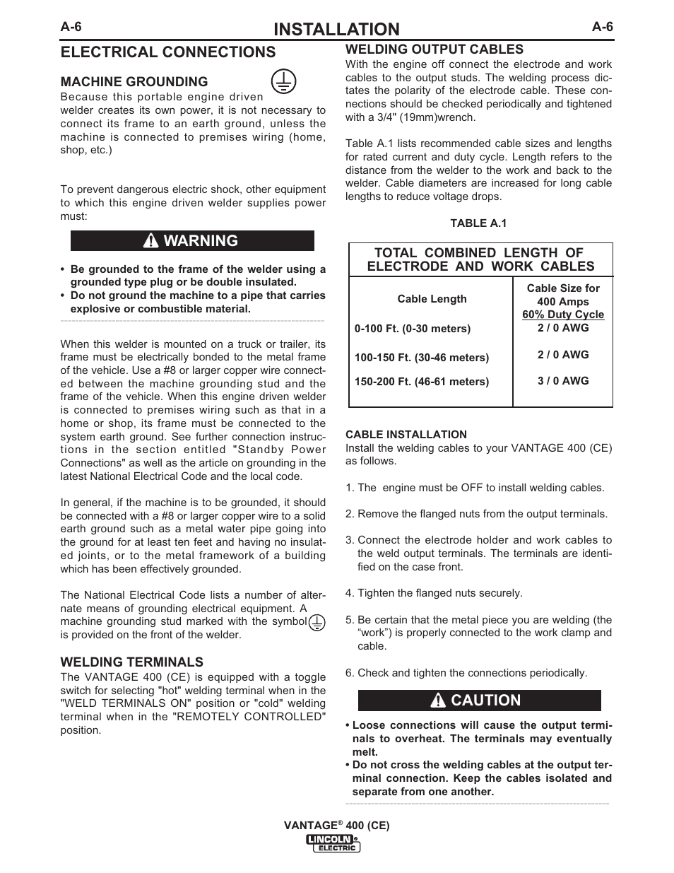 Installation, Electrical connections, Warning | Caution | Lincoln Electric IM889 VANTAGE 400 (CE) User Manual | Page 16 / 49