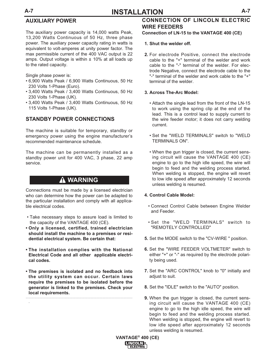 Installation, Warning | Lincoln Electric IM889 VANTAGE 400 (CE) User Manual | Page 17 / 49