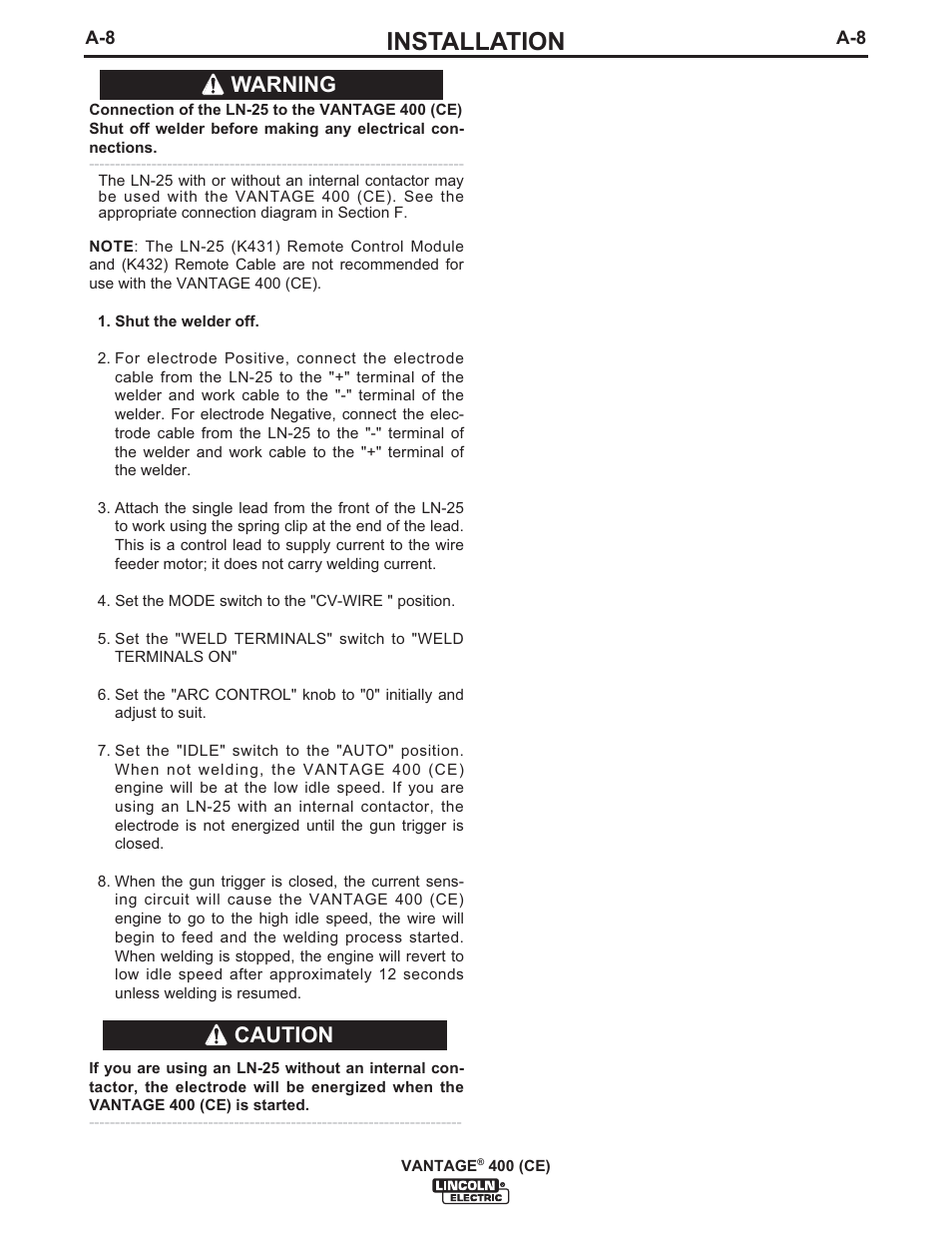 Installation, Warning caution | Lincoln Electric IM889 VANTAGE 400 (CE) User Manual | Page 18 / 49