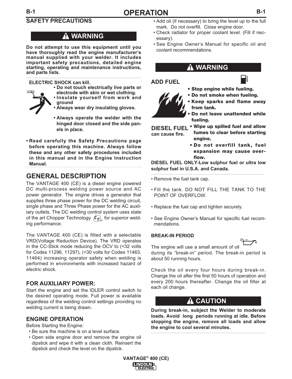 Operation, General description, Warning | Warning caution | Lincoln Electric IM889 VANTAGE 400 (CE) User Manual | Page 19 / 49