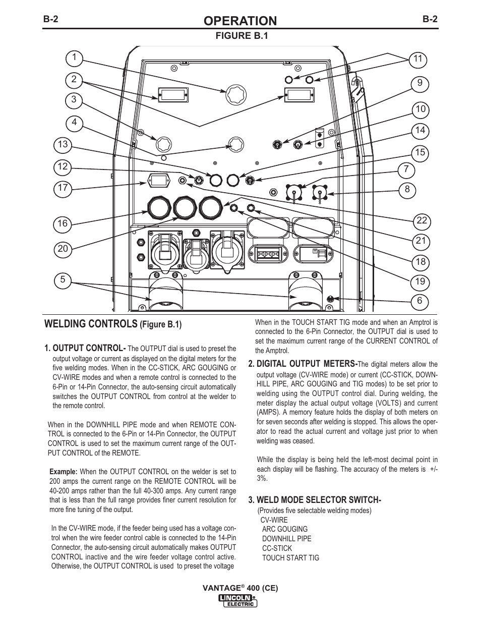 Operation, Welding controls | Lincoln Electric IM889 VANTAGE 400 (CE) User Manual | Page 20 / 49