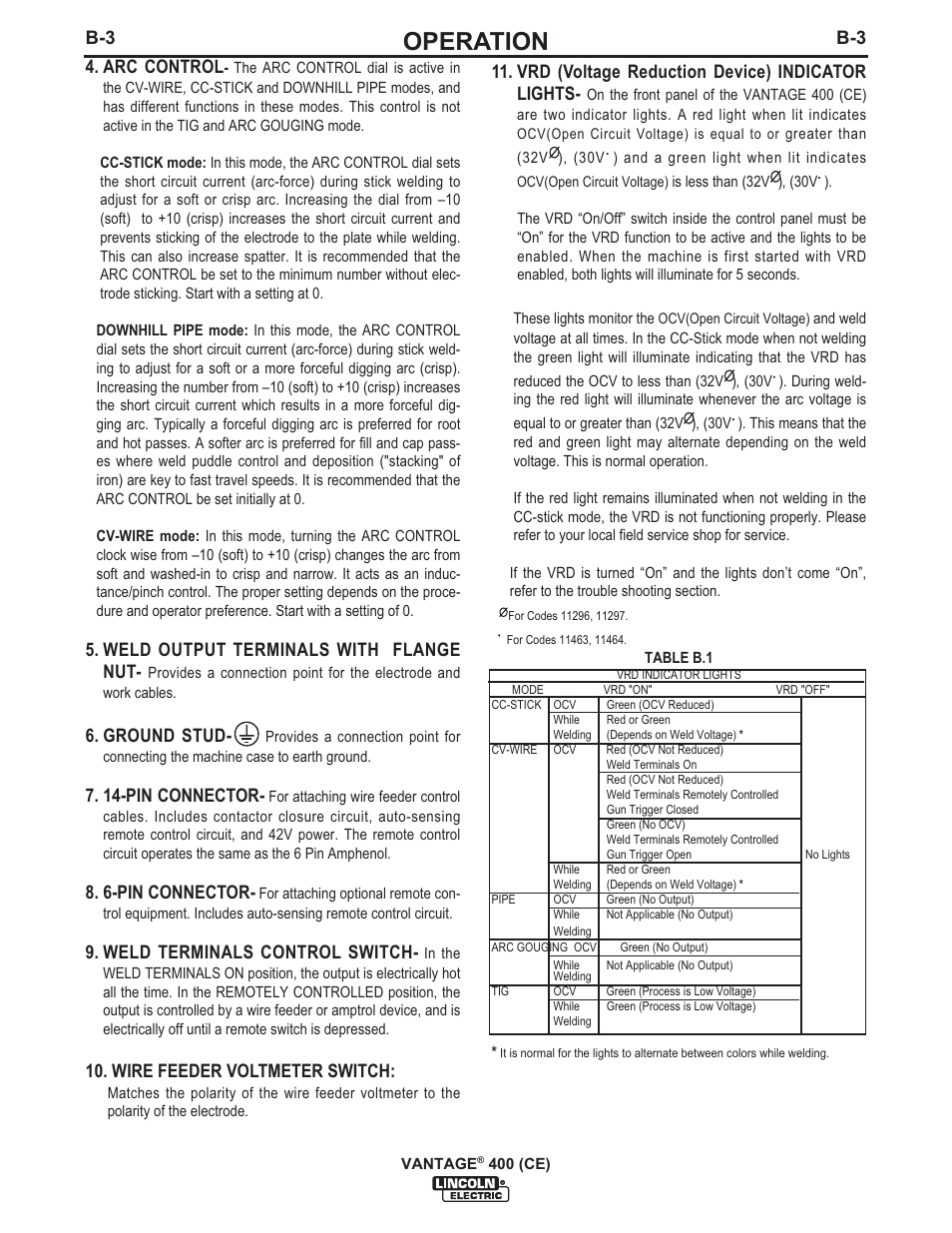 Operation, B-3 4. arc control, Weld output terminals with flange nut | Ground stud, 14-pin connector, 6-pin connector, Weld terminals control switch, Wire feeder voltmeter switch, Vrd (voltage reduction device) indicator lights | Lincoln Electric IM889 VANTAGE 400 (CE) User Manual | Page 21 / 49