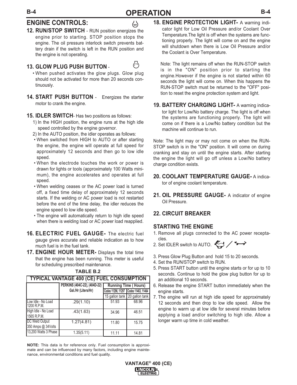 Operation, Engine controls | Lincoln Electric IM889 VANTAGE 400 (CE) User Manual | Page 22 / 49